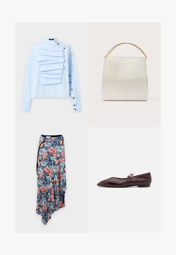 Helehall sinine pika varrukaga pluus, millel on rinna kohal kihilised volangid ja mustad nupud paremal küljel ja mansetil.; Rabanne Pliiatsseelik - english tapestry/pink/blue/green; Burgundia läikivast nahast ballerina kingad, terava ninaga ja dekoratiivse lilla sõlmega vamps; lame tallaga disain.; Struktureeritud käekott satiinpinnaga, kreemikas värv, lühem kett-õlarihmaga. Omab ühtlast, siledat tekstuuri ja puhtaid õmblusi.