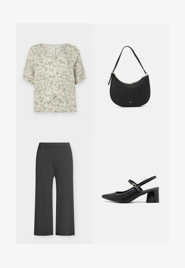 Blusa de manga corta en tela verde claro con patrones florales blancos y acentos negros. Escote en V con un pequeño detalle de ojal en la parte posterior.; Pantalones anchos negros con cinturilla elástica, hechos de tela suave. Textura lisa sin patrones ni detalles, adecuados para uso casual.; Tacones slingback de charol negro con punta afilada, un diseño de corte redondeado y tacón bloque. Incluye un detalle de hebilla en tono dorado.; Bolso de mano de cuero negro con forma curva, superficie texturizada, costuras frontales y un logo en tono dorado. Cuenta con una sola correa ajustable.