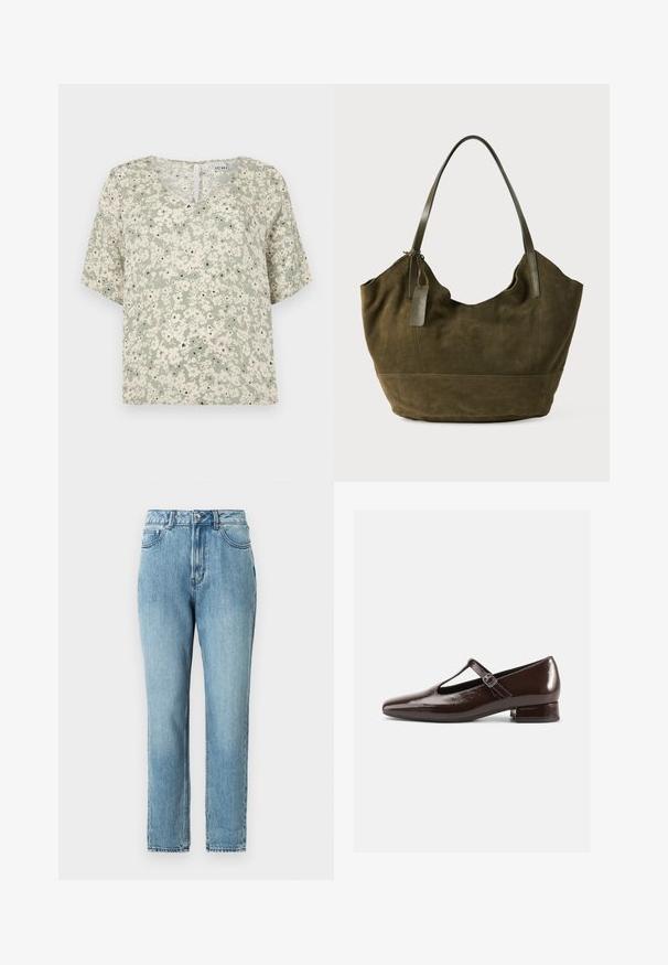 Blusa de manga corta en tela verde claro con patrones florales blancos y acentos negros. Escote en V con un pequeño detalle de ojal en la parte posterior.; TOM TAILOR DENIM Vaqueros mom - clean mid stone blue denim; Zapatos Mary Jane de charol marrón con punta redondeada, diseño recortado y una correa ajustable. Tacón bajo y ancho.; Bolso tote de ante verde oliva con una correa para el hombro de cuero liso y una pequeña etiqueta de cuero colgando cerca del punto de unión de la correa.