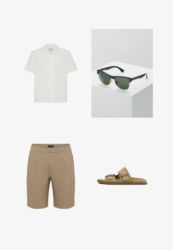 Kortærmet hvid skjorte med knapper og camp-krave, lavet af Blend, vist på en ensartet hvid baggrund.; Beige shorts lavet af struktureret stof med en rynket overflade, en elastisk talje og to frontfolder.; Tanfarvet ruskind slidssandal med to justerbare spænderemme og en flad gummisål.; Ray-Ban solbriller med grønne linser, sorte plastikstel og gyldne detaljer ved kanterne. Firkantet form med mat finish.