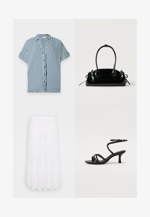 Camisa de manga corta con rayas verticales azules y blancas, con cuello y cinco botones marrones en la parte delantera, mostrada sobre un fondo liso.; Falda maxi blanca en capas, hecha de tela ligera, con una cinturilla elástica y una textura fluida con sutiles detalles de fruncido.; Even&Odd Wide Fit by Zalando Sandalias - black; Pequeño bolso negro brillante con dos asas largas y detalles de cordón lateral sobre un fondo claro liso.