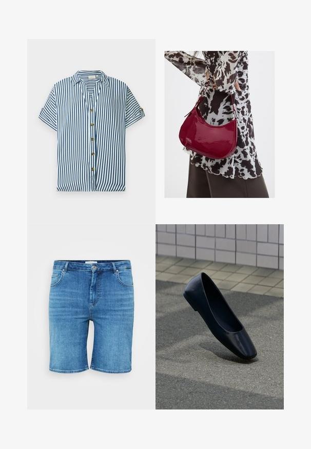 Blå og hvid kortærmet skjorte med lodrette striber, krave og fem brune knapper foran, vist på en ensfarvet baggrund.; Denim shorts i mellemblå farve, med lige snit, fem-lomme design og knaplukning. Blød tekstur, rene kantede kanter.; Sort læder flad sko, stående opret på en asfaltbelægning nær en flisebelagt fortovskant.; Kvinde iført en sort- og hvidmønstret bluse, der holder en blank rød skuldertaske mod en ensfarvet baggrund.