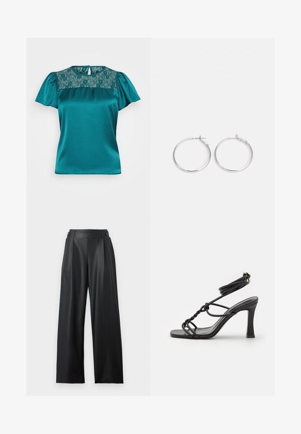 JDY JDYFIFI - Camiseta estampada - atlantic deep; Pantalones anchos de cuero sintético negro con cintura alta, detalles de botones en la cintura y pliegues delanteros.; DeeZee Sandalias de tacón - black; sweet deluxe EARRING - Pendientes - silver-coloured
