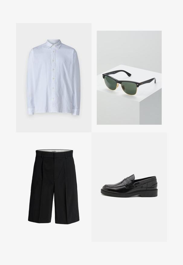 Chemise blanche à boutons en tissu léger, avec un col pointu, des manches longues et une rangée de boutons jaunes sur le devant.; Shorts noirs sur mesure avec passants de ceinture, plis sur le devant et fermeture éclair dissimulée, présentés sur fond blanc.; Mocassins en cuir noir avec une finition lisse, un bout rond, un petit talon et descoutures décoratives à l'avant. Semelle en caoutchouc pour l'adhérence.; Lunettes de soleil Ray-Ban avec des verres verts, monture en plastique noir et accents dorés sur les bords. Forme carrée avec une finition mate.