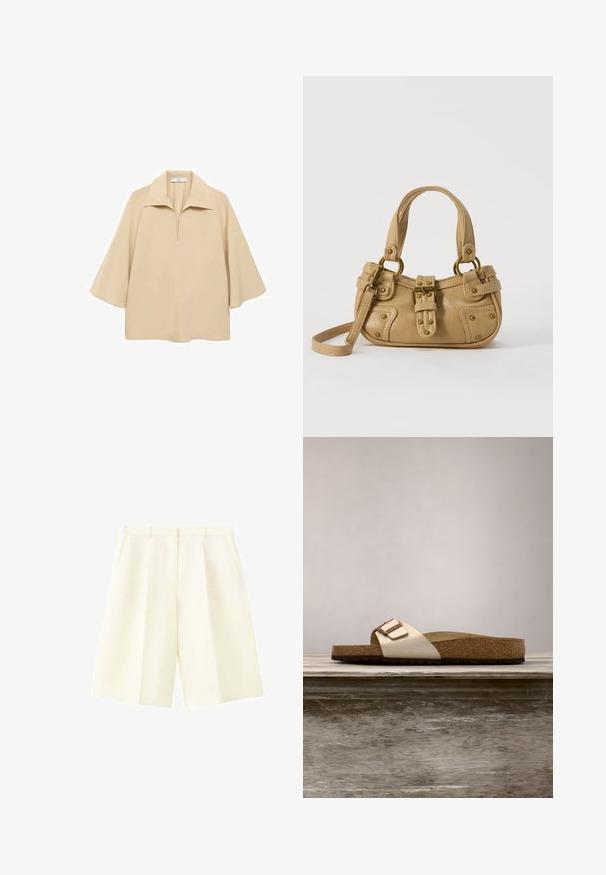 Beige Bluse aus leichtem Stoff, mit weitem Kragen, halbem Knopfverschluss und halblangen Ärmeln in lockerer Passform.; Hoch taillierte, cremefarbene, maßgeschneiderte Shorts mit Gürtelschlaufen, vorderen Falten und Seitentaschen, vor weißem Hintergrund dargestellt.; Slide-Sandale mit einem leichten metallischen Obermaterial, Korkfußbett und strukturiertem braunem Gummisohle. Schnalle mit Logo-Akzent.; Beige Lederhandtasche mit doppelten Griffen, Messingschnalle und Nieten, sowie verstellbarem Schultergurt vor weißem Hintergrund.