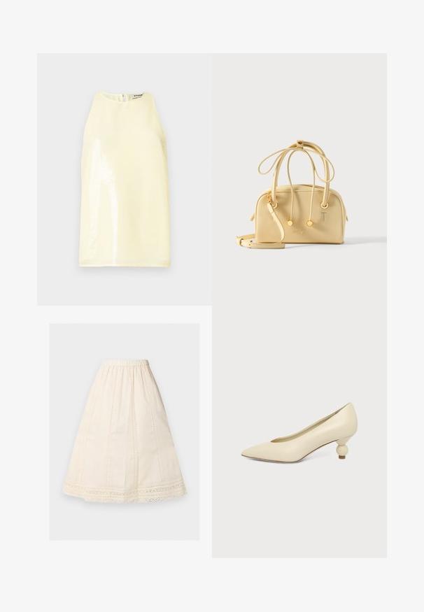 Haut sans manches de couleur jaune clair avec une texture lisse, doté d'un panneau brillant à l'avant et d'une petite fermeture éclair au dos.; Jupe midi couleur crème, coupe trapèze, taille élastique, panneaux à points d'œillet verticaux, et bordure en dentelle le long de l'ourlet.; Chaussure femme couleur crème à bout pointu avec un petit talon rond en forme de boule, sur fond uni.; Sac à main en cuir beige clair avec doubles poignées rondes, une bandoulière amovible, des accents dorés et une fermeture éclair sur un fond uni.