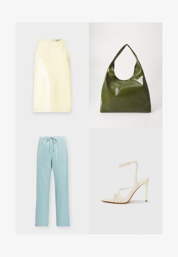 Haut sans manches de couleur jaune clair avec une texture lisse, doté d'un panneau brillant à l'avant et d'une petite fermeture éclair au dos.; Pantalon bleu clair à taille élastique avec cordon, jambes droites et sans poches visibles, présenté sur un fond uni.; Sandales à talons hauts beiges avec un bout pointu, comportant trois brides à l'avant et une fine bride à la cheville avec une boucle. Texture lisse, design minimaliste.; Sac hobo en cuir vert au design décontracté, avec une poignée incurvée et une texture lisse. Ne contient aucun matériel ou accent visible.