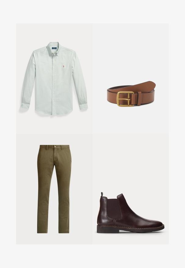 Lyseblå skjorte med lange ærmer med knapper foran, knappet krave og lille broderet Polo Ralph Lauren-logo på venstre bryst.; Polo Ralph Lauren BEDFORD STRETCH SLIM FIT CHINO PANT - Chino - canopy olive; Mørkebrun læder Chelsea-støvle med elastisk sidepanel og lav hæl, vist i profil på en hvid baggrund.; Brun læderbælte med en guld metalspænde. Bæltet har en glat overflade og et enkelt prongs spænde design.