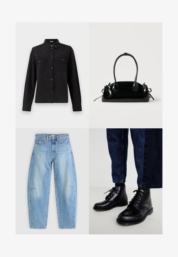 Sort denim skjorte med knapper og lange ærmer, to brystlommer med klap og en klassisk krave på en hvid baggrund.; Lyseblå denimjeans med en afslappet pasform, der har høj talje, lige ben og diskrete syninger på frontlommen.; Sorte ankelstøvler i læder med runde snuder, snørelukning, sølvfarvede forskruninger og teksturerede såler, kombineret med mørkeblå denimjeans.; Lille sort blank håndtaske med to lange håndtag og snøre-detaljer i siden på en ensfarvet lys baggrund.