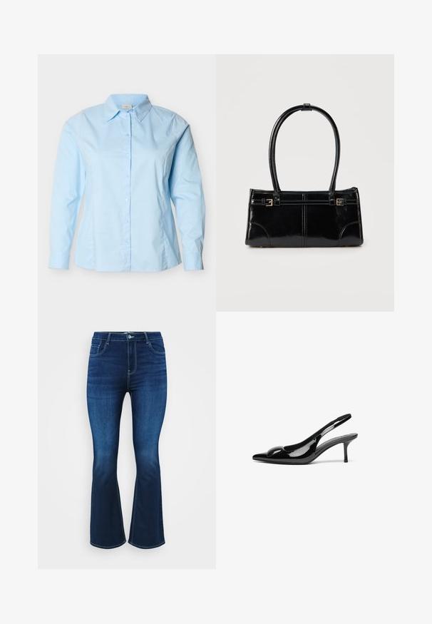 Lyseblå skjorte med lange ærmer, knapper foran, klassisk krave, skræddersyet pasform og synlige syninger langs siderne og ærmerne.; Mørkeblå bootcut jeans lavet af denim, med fem lommer, lynlås og knaplukning samt kontrastsyninger langs sømmene.; Sorte laklæder slingback hæle med spidse tæer og en blank finish. Har en slank hæl og en rund detalje ved vampen.; Glansfuld sort rektangulær håndtaske med to tynde skulderremme og små guldbeslag foran.