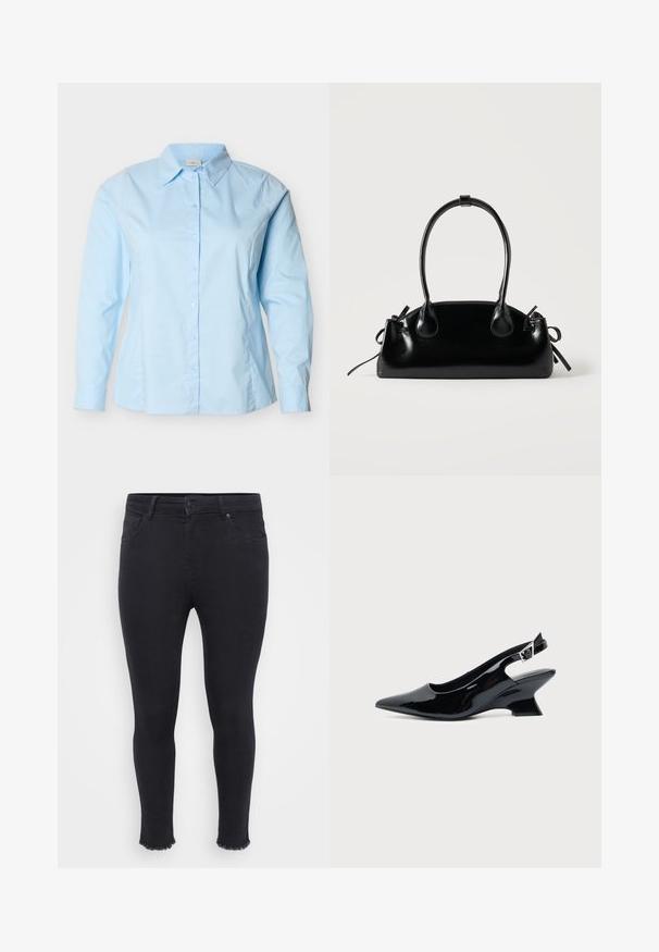 Hellblaues langärmliges Hemd mit Knopfleiste, klassischem Kragen, taillierter Passform und sichtbaren Nähten entlang der Seiten und Ärmel.; Schwarze Skinny-Jeans aus Denim mit ausgefranstem Saum am Knöchel, zwei Fronttaschen und einer Knopfverschluss am Bund.; Schwarzer Slingback-Schuh aus Lackleder mit spitzer Spitze und niedrigem, schrägem Blockabsatz auf einfachem hellem Hintergrund.; Kleine schwarze glänzende Handtasche mit zwei langen Griffen und seitlichen Kordelzug-Details vor einfachem hellem Hintergrund.