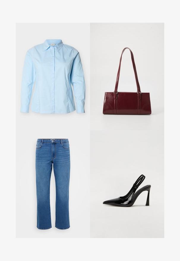 Hellblaues langärmliges Hemd mit Knopfleiste, klassischem Kragen, taillierter Passform und sichtbaren Nähten entlang der Seiten und Ärmel.; Blaue Jeans aus Denim mit geradem Beinansatz, ausgestattet mit einem Knopfverschluss, klassischem Fünf-Taschen-Design und subtiler, ausgewaschener Textur an den Oberschenkeln.; Schwarze Lackleder Slingback-Pumps mit spitzem Zehenbereich, schlankem hohen Absatz und doppeltem elastischen Riemen für einen sicheren Sitz. Glatte, glänzende Oberfläche.; Burgunderfarbene Handtasche aus glänzendem Material, rechteckige Form, mit zwei Schulterriemen und subtilen, geschwungenen Akzenten an der Vorderseite.