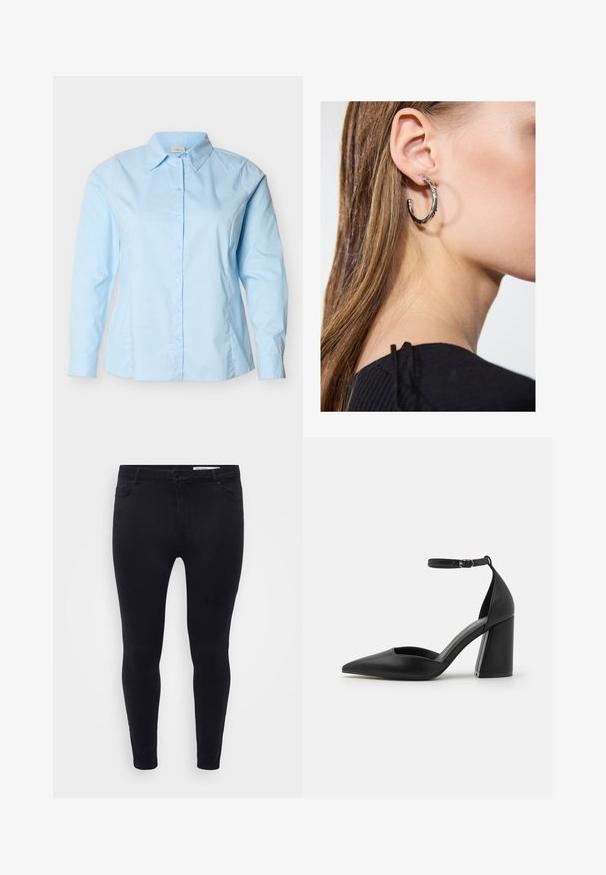Lichtblauw overhem met lange mouwen, knoopsluiting, klassieke kraag, getailleerde pasvorm en zichtbare naden langs de zijkanten en mouwen.; Zwarte slim-fit jeans van rekbare denim, met een sluiting aan de voorkant met een knoop, riemlussen en vijf zakken met een gladde textuur.; Zwarte laars met hoge hakken, gemaakt van soepel leer, met een spitse neus, uitsneden aan de zijkanten en een verstelbare enkelband met een blokhak.; Zilveren oorbel met een gepolijste afwerking, met kleine gouden accentdetails en een ronde vorm, gedragen op de oorlel.