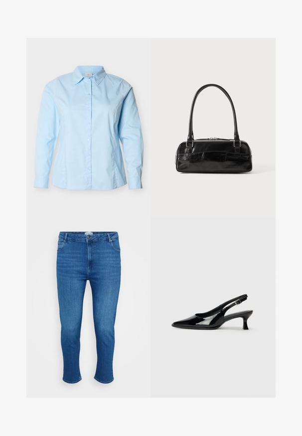 Lichtblauw overhem met lange mouwen, knoopsluiting, klassieke kraag, getailleerde pasvorm en zichtbare naden langs de zijkanten en mouwen.; Blauwe denim jeans met een hoge taille, voorknop en rits, vijf zakken en een slim rechte pasvorm.; Zwarte lakleren slingback schoenen met een spitse neus en een lage blokhak. Verstelbare gespband bij de enkel.; Zwarte leren handtas met een rechthoekige vorm, voorzien van een enkele gestructureerde handgreep, zilveren hardware en ritsluiting. Gladde textuur.
