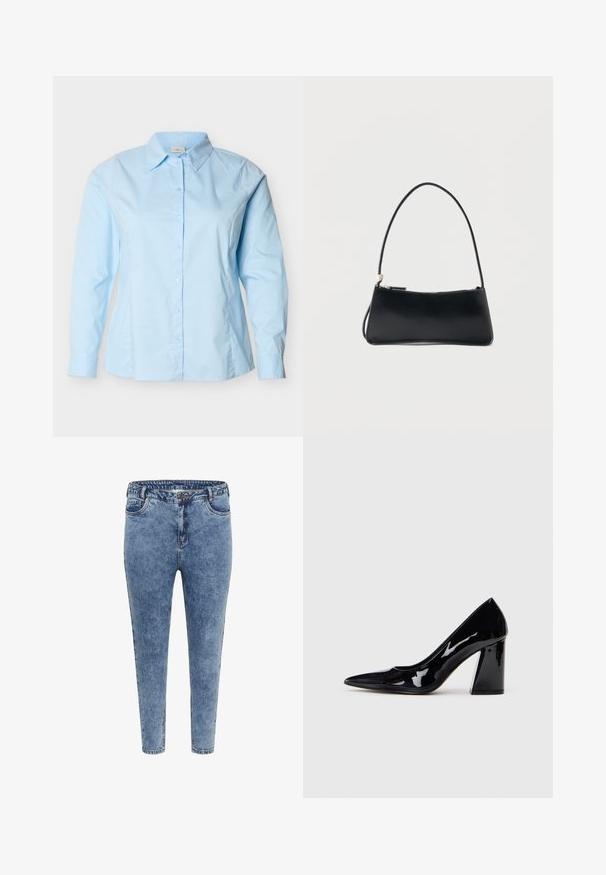Lyseblå skjorte med lange ærmer, knapper foran, klassisk krave, skræddersyet pasform og synlige syninger langs siderne og ærmerne.; Blå denim skinny jeans med høj talje, fem lommer og lynlåslukning. Stoffet har en let falmet tekstur med kontrasterende syninger.; Sorte lakerede højhælede sko med spids tå og en kraftig hæl, der har en glat, skinnende overflade og et elegant design.; Sort rektangulær håndtaske med tynd skulderrem og lynlåslukning, sat mod en enkel hvid baggrund.
