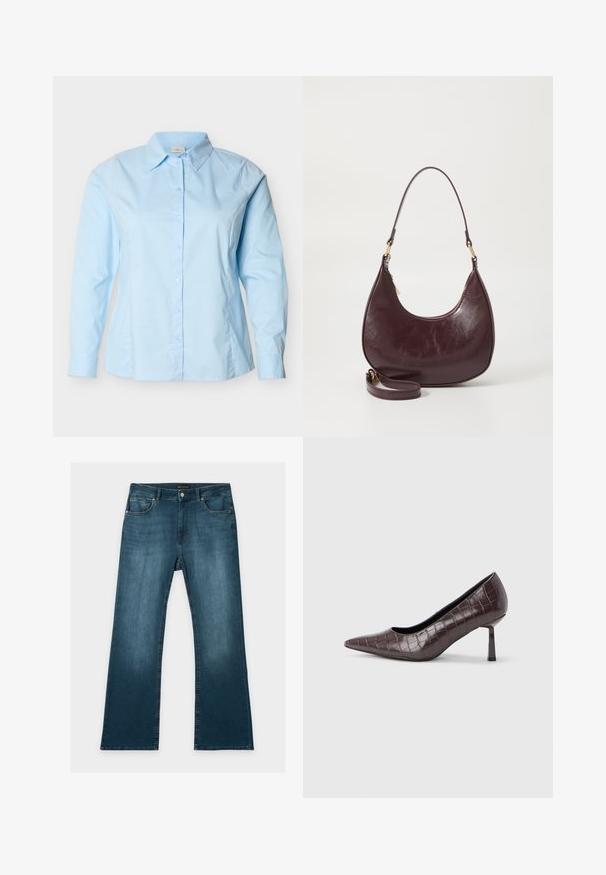 Lichtblauw overhem met lange mouwen, knoopsluiting, klassieke kraag, getailleerde pasvorm en zichtbare naden langs de zijkanten en mouwen.; Blauwe jeans met rechte pijpen, voor- en achterzakken, knoop- en ritssluiting, en subtiele vervaagde details op dijen en knieën.; Bruine nepleren pumps met een puntige neus en krokodillenstructuur, voorzien van een slanke, hoekige hak en een gladde binnenvoering.; Bordeaux leren schoudertas met een gebogen vorm, ritsluiting en een afneembare strap. Kenmerkt zich door een gladde textuur en gouden hardware accenten.