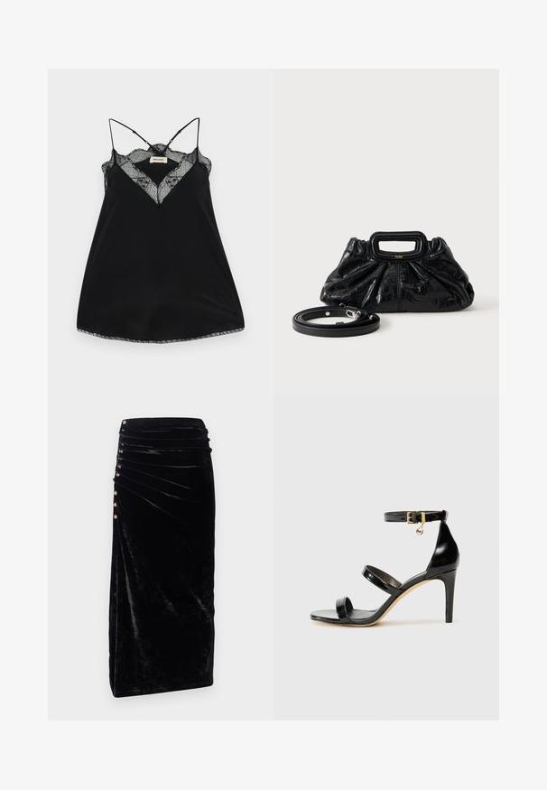 Camiseta negra sin mangas con tirantes ajustables, con un escote de encaje en forma de pico y bordes ondulados. Tejido suave con un ligero brillo.; Rabanne Falda de tubo - black; Sandalia de charol negro con tres correas, hebilla en el tobillo y tacón de aguja de 10 cm. Presenta detalles de hardware en oro y un charm con el logo.; Bolso pequeño de cuero negro con textura fruncida, asa rectangular y correa de hombro delgada y desmontable colocada al lado.