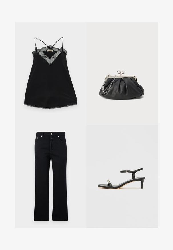 Schwarzes Trägertop mit verstellbaren Trägern, ausgestattet mit einem Spitzen-Ausschnitt und gewellten Kanten. Glattes Material mit leichtem Glanz.; Schwarze Jeans mit geradem Bein, im Fünf-Taschen-Stil, mit Metallbeschlägen und einer weichen Denim-Textur. Minimalistisch und einheitlich in der Farbe.; Schwarze Leder-Sandale mit Absatz und Knöchelriemen, offenem Zehenbereich, quadratischer Vorderseite und silbernen Metallakzenten. Eng anliegendes Design mit schlanker Silhouette.; Schwarze Leder-Clutch mit geraffter Textur, silberfarbener Metallrahmen, Druckverschluss und Kettenriemen. Glatte, weiche Oberfläche.