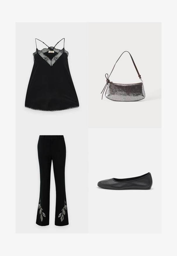 Zwarte camisole met verstelbare bandjes, met een kanten V-hals en golvende randen. Gladde stof met een lichte glans.; Zwarte uitlopende broek met geborduurde zilveren bladdesigns bij de zoom. Gemaakt van gladde stof met een gestructureerde tailleband en een slanke pasvorm.; Zwarte leren ballerina met een ronde neus, gladde textuur, minimale stikdetails en een flexibele zoolontwerp.; Kleine metallic zilveren handtas met een gestructureerd oppervlak, een korte donkerbruine riem en een decoratieve gebonden strik aan één kant.