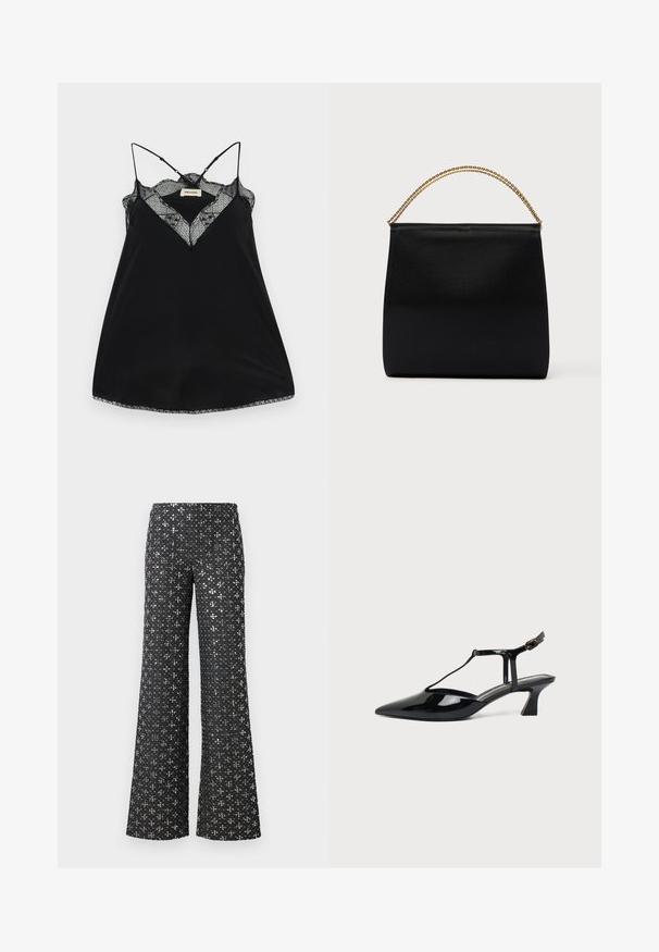 Zwarte camisole met verstelbare bandjes, met een kanten V-hals en golvende randen. Gladde stof met een lichte glans.; Zwarte wijde broek met een sequined textuur en zilveren accenten, die een patroon over de hele stof creëert.; Zwarte pumps van lakleer met spits toelopende neus, T-strap en lage schuine blokhak op witte achtergrond.; Zwarte tas van gladde stof met een gestructureerde vorm, een handvat van gouden ketting en een minimalistisch geometrisch ontwerp.