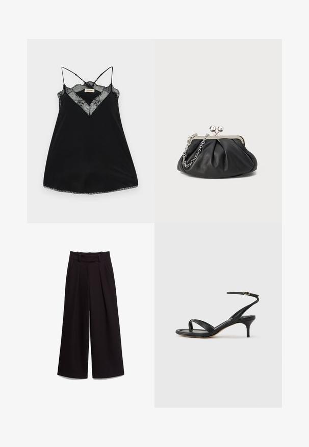 Camisole noire avec des bretelles réglables, dotée d'un décolleté en dentelle plongeant et de bords festonnés. Tissu lisse avec un léger éclat.; Pantalon noir à jambes larges avec taille haute, passants pour ceinture, poches latérales et plis à l'avant, présenté à plat sur fond blanc.; Sandale pour femme en cuir noir avec fines lanières, une boucle d'orteil, une boucle à la cheville et un talon aiguille de hauteur moyenne sur un fond neutre.; Porte-monnaie en cuir noir avec texture froncée, cadre en métal argenté, fermeture à verrouillage kiss-lock et bandoulière en chaîne. Surface lisse et douce.
