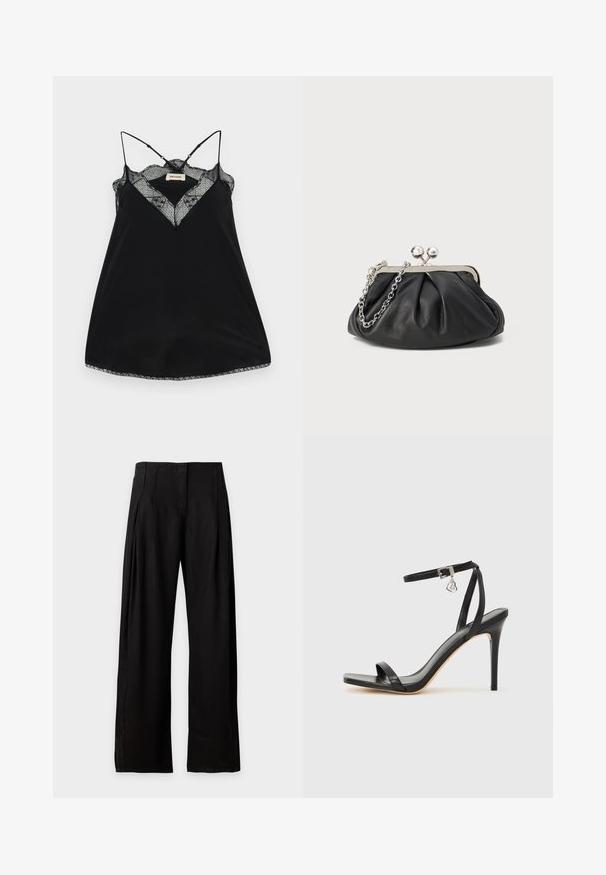 Camisole noire avec des bretelles réglables, dotée d'un décolleté en dentelle plongeant et de bords festonnés. Tissu lisse avec un léger éclat.; Pantalon noir taille haute à jambes larges avec poches latérales, fermeture éclair devant et finition en tissu lisse, présenté sur fond blanc.; Sandale à talon haut noire avec une bride étroite à la cheville, bout carré, cuir lisse et accent de boucle métallique.; Porte-monnaie en cuir noir avec texture froncée, cadre en métal argenté, fermeture à verrouillage kiss-lock et bandoulière en chaîne. Surface lisse et douce.