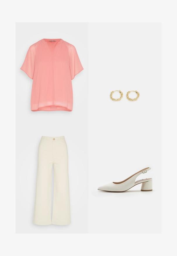 Anna Field by Zalando Blusa - pink; Monki Pantalones - white dusty light; Zapato de tacón destalonado de cuero blanco con punta afilada, tacón bloque de altura media y correa ajustable. Textura suave; diseño minimalista.; Pendientes de aro de oro con un diseño texturizado y pequeñas cuentas redondas distribuidas uniformemente alrededor del aro. Construcción de metal ligera.