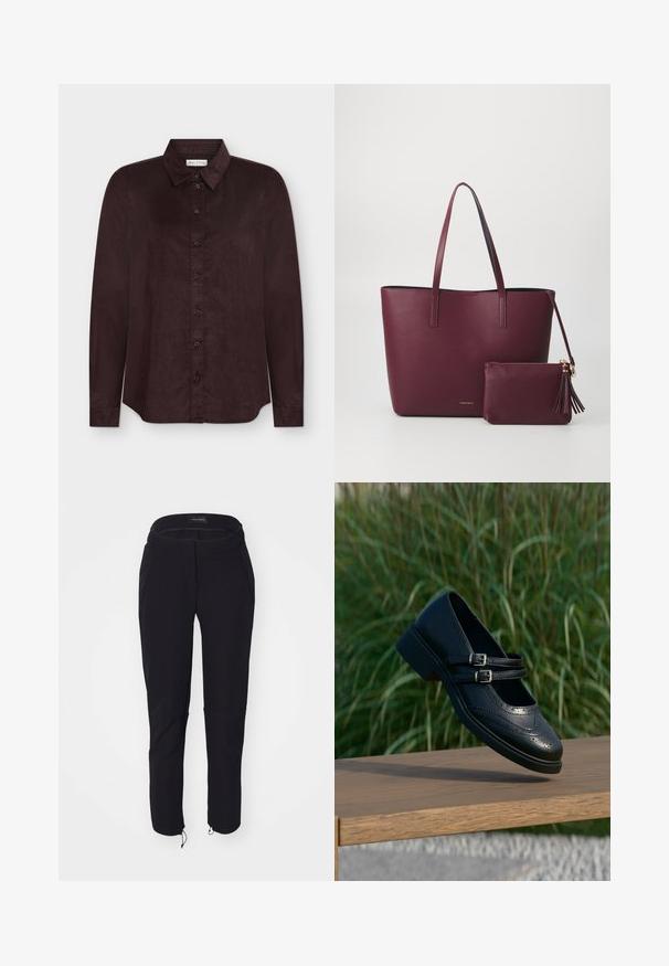 Chemise marron foncé à manches longues, boutonnée, avec col, coupe droite et boutons visibles, présentée sur fond blanc uni.; Pantalon noir avec une texture lisse, présentant un design ajusté, une taille élastique, deux poches et des poignets ajustables avec cordons de serrage.; Chaussure Mary Jane en cuir noir avec doubles brides bouclées et détails brogue, flottant au-dessus d'un banc en bois avec en arrière-plan de l'herbe verte.; Sac fourre-tout en cuir vegan bordeaux avec deux poignées robustes, comprenant une pochette zippée assortie avec un accent de breloque. Fini lisse et texturé.
