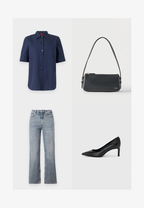 Chemise bleu marine à manches courtes, boutonnée, avec col et étiquette rouge à l'intérieur du col, devant uni avec logo brodé discret sur la poitrine.; Jean bleu clair taille haute à jambe droite avec bouton frontal, fermeture éclair et design classique à cinq poches.; Escarpin à bout pointu en cuir noir avec un talon fin de hauteur moyenne sur un fond gris clair uni.; Sac à bandoulière rectangulaire en cuir noir avec fermeture éclair dorée et petit logo "HUGO" doré sur le devant, doté d'une sangle réglable avec boucle.