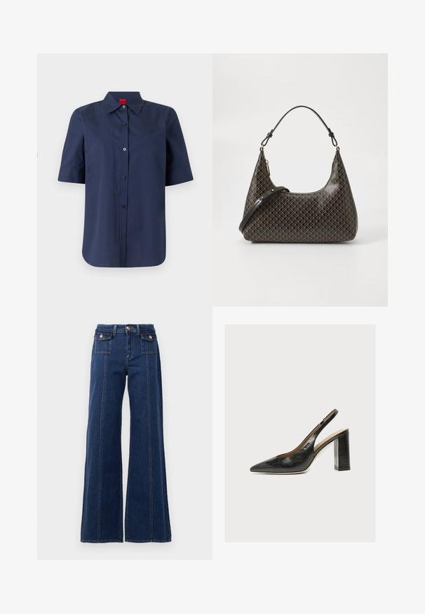 Camisa azul marino de manga corta con botones y cuello, con etiqueta roja en el interior del escote, parte delantera lisa con un logo bordado sutil en el pecho.; Jeans de denim de pierna ancha en azul oscuro. Cuenta con cuatro bolsillos, grandes detalles de costura y un diseño de cintura alta. Cierre clásico de botón.; Zapato de mujer slingback de piel negra con puntera puntiaguda y tacón alto grueso de bloque sobre fondo blanco.; Bolso de hombro de cuero negro con un patrón geométrico beige repetido, cierre dorado y dos correas ajustables sobre un fondo blanco.