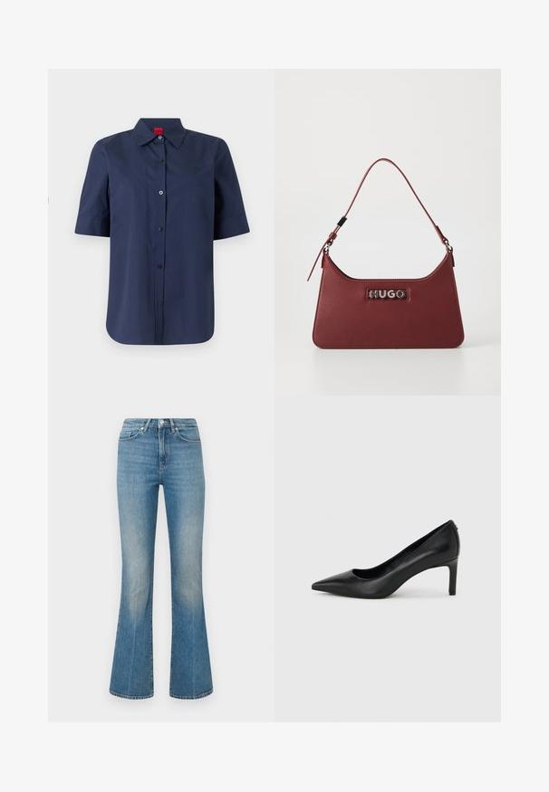 Camisa azul marino de manga corta con botones y cuello, con etiqueta roja en el interior del escote, parte delantera lisa con un logo bordado sutil en el pecho.; Vaqueros de mezclilla de color azul claro con corte acampanado. Presentan una cinturilla con botón y un lavado desgastado, que se estrecha hacia un dobladillo ancho a la altura de los tobillos.; Zapato de salón negro de piel con punta afilada y tacón delgado de altura media sobre un fondo liso de color gris claro.; Pequeño bolso rectangular de cuero burdeos con correa ajustable y placa de logotipo plateada "HUGO" en la parte frontal.
