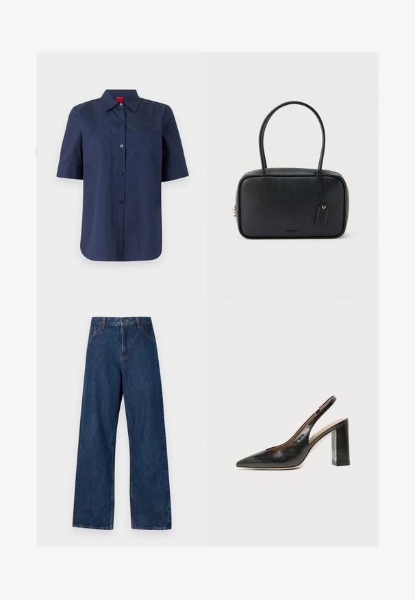 Chemise bleu marine à manches courtes, boutonnée, avec col et étiquette rouge à l'intérieur du col, devant uni avec logo brodé discret sur la poitrine.; Jean large en denim bleu foncé avec un design classique à cinq poches. Présente des coutures contrastées et une fermeture par bouton à l'avant.; Chaussure slingback en cuir noir à bout pointu avec un talon bloc haut et une doublure intérieure beige sur un fond clair uni.; Sac à main rectangulaire noir avec doubles poignées arrondies, fermeture éclair dorée et logo "HUGO" embossé sur le devant avec une étiquette en cuir attachée.