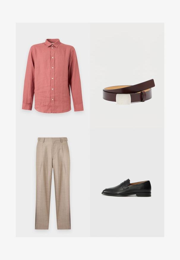 Langermet skjorte med knapper i dempet rosafarge med klassisk krage og hvite knapper, vist på en ensfarget lys bakgrunn.; Beige skreddersydde bukser med frontfolder, beltehemper og rette ben, vist mot en hvit bakgrunn.; Svart skinnloafer med rund tå, subtilt sydd detaljering og lav hæl, med en glatt tekstur og minimalistisk design.; Brunt lærbelte med et rektangulært sølvspenne, glatt tekstur, og en kontrasterende lysere innerfôr. Enkel, klassisk design.