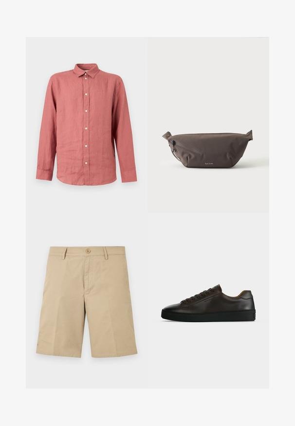 Chemise à manches longues boutonnée de couleur rose pâle avec un col classique et des boutons blancs, présentée sur un fond clair uni.; Shorts beiges mi-cuisse avec passants de ceinture, bouton à l'avant et fermeture éclair, présentés à plat sur un fond blanc.; Baskets basses en cuir marron foncé avec semelle en caoutchouc noire, lacets à l'avant et design minimaliste épuré sur fond clair.; Sac banane en tissu marron foncé avec poche zippée en diagonale et petit logo blanc sur le devant, sur un fond clair uni.