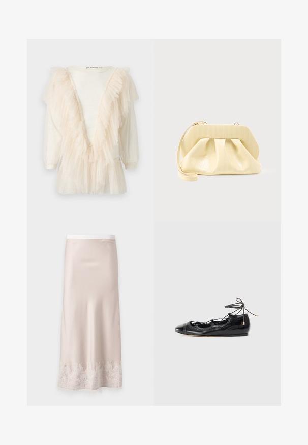 Blouse ivoire à manches longues avec un bord en tulle transparent et volanté formant un profond décolleté en V, agrémentée de légers accents pailletés sur toute la surface.; Jupe en satin beige clair avec détail en dentelle à l'ourlet, coupe droite et taille élastique, présentée sur un fond uni.; Ballet flats en cuir verni noir avec des découpes et un système de laçage. Présentent un bout rond et des accents perforés décoratifs.; Pochette en cuir couleur crème avec un cadre supérieur structuré et une lanière pour poignet, présentée sur un fond clair uni.