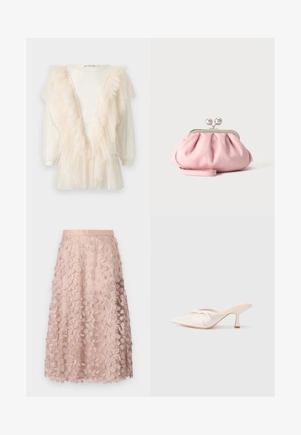 Elfenbensfarvet bluse med lange ærmer og transparent, flæset tylkant, der danner en dyb V-form, samt diskrete glimmerdetaljer over hele blusen.; Blonder midi-nederdel i blød pink med blomstermotiver, der har en tætsiddende linning og lagdelt design, hvilket fremhæver en delikat struktur.; Mulesko i lyst beige stof med et knyttet design foran, spids tå og en slank, tilspidset hæl. Glat tekstur over det hele.; Lille blød lyserød clutchpung med sølvfarvet metalramme og rund lås, hvilende på en flad lys overflade med håndledsrem foldet foran.