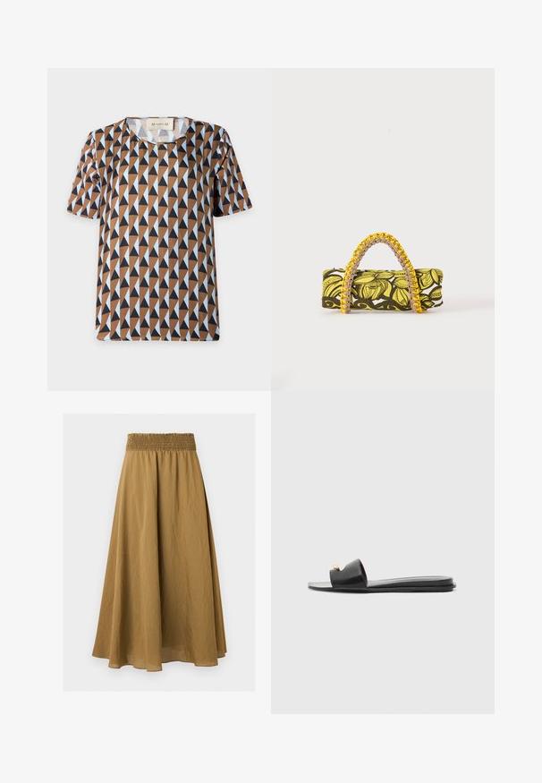 Chemise à manches courtes avec un motif géométrique triangulaire marron, noir et bleu clair et un col rond, taille moyenne.; Jupe midi marron trapèze avec taille élastique froncée et tissu léger texturé sur fond uni.; Sandales noires à glissière avec un large dessus, texture en cuir lisse, design à bout ouvert et détail doré sur la sangle. Semelle plate.; Sac rectangulaire avec motif floral jaune et noir et anse tressée jaune et rose sur fond blanc.
