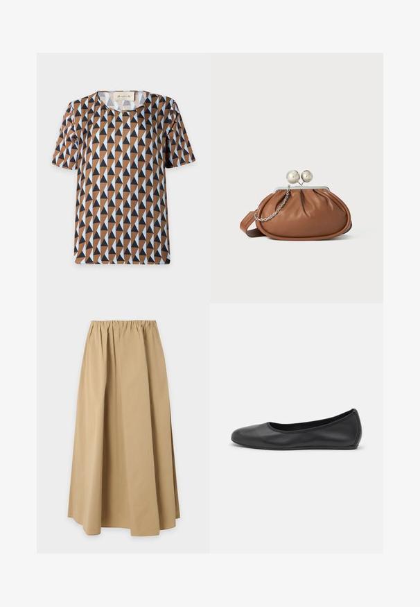 Chemise à manches courtes avec un motif géométrique triangulaire marron, noir et bleu clair et un col rond, taille moyenne.; Jupe beige longueur genoux avec taille élastiquée froncée, en tissu uni et lisse, présentée sur un fond clair uni.; Ballerines en cuir noir avec un bout rond, texture lisse, détails de couture minimalistes et design de semelle flexible.; Pochette en cuir marron avec un fermoir à boule en argent et un petit détail en chaîne argentée sur fond blanc.