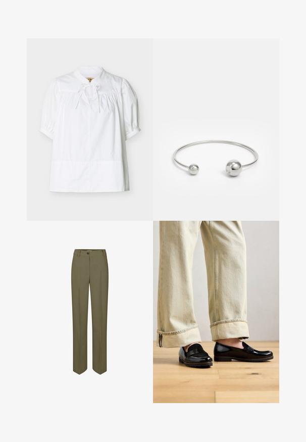 Blouse blanche à manches courtes avec empiècement froncé et manches bouffantes, dotée d'un petit col montant avec un nœud noué au niveau du cou.; Pantalons ajustés vert olive avec une jambe droite, fermeture à un bouton et deux plis avant, présentant une texture lisse et tissée.; Personne portant un pantalon beige à revers et des mocassins en cuir noir brillant, se tenant sur un sol en bois contre un fond clair.; Bracelet jonc en métal argenté avec deux accents sphériques à chaque extrémité, surface lisse, design ouvert et forme épurée et minimaliste.