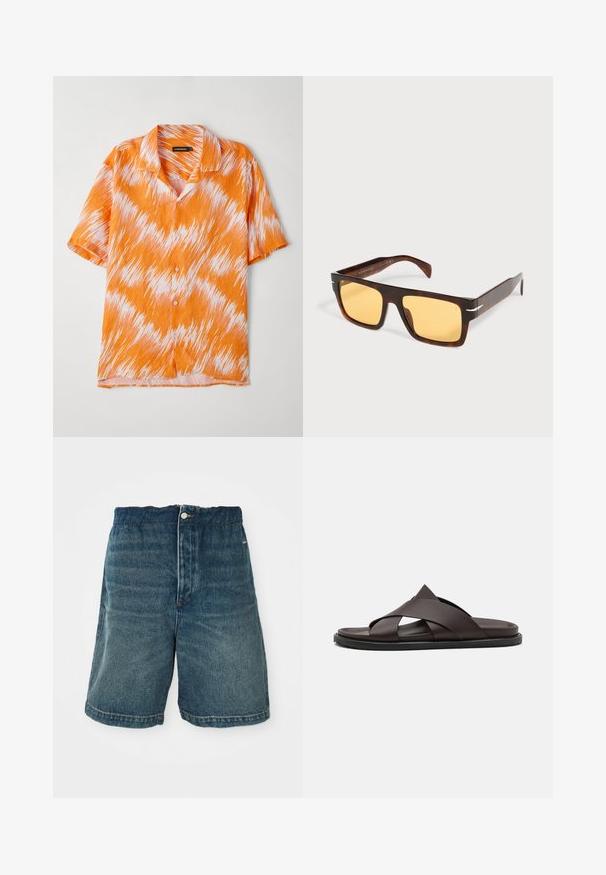 Kurzarmhemd in Orange und Weiß mit einem Zickzackmuster, kragenförmigem Design und Knopfschluss. Leichter, strukturierter Stoff.; Dunkelblaue Denim-Shorts mit lockerer Passform, Knopfverschlüsse und sichtbaren Nähten an Saum und Taschen.; Stuart Weitzman BERKLEY - Pantolette flach - espresso; Rechteckige Schildpatt-Sonnenbrille mit breitem Rahmen und gelben Gläsern auf weißem Hintergrund.