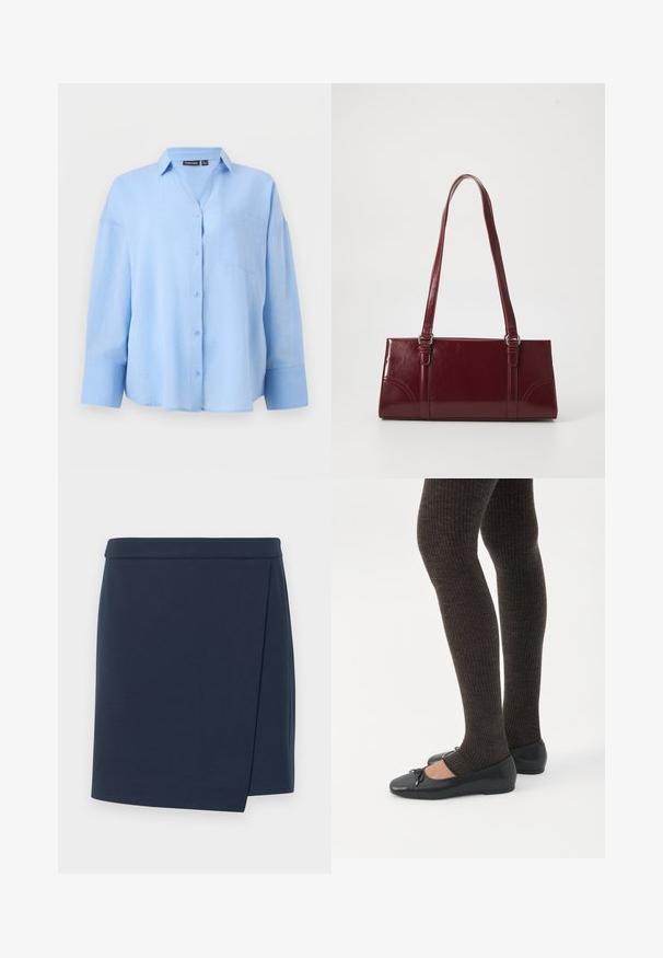 Chemise bleu clair à manches longues, boutonnée, avec col et poche poitrine, présentée sur un fond clair uni.; Jupe portefeuille bleu marine avec une texture lisse, présentant une coupe droite et un léger chevauchement latéral, conçue pour une silhouette ajustée.; Jambes portant des leggings côtelés foncés associés à des ballerines noires avec de petits détails en nœud sur fond blanc.; Sac à main bordeaux en matériau brillant, de forme rectangulaire, avec deux anses et des accents légèrement courbés à l'avant.