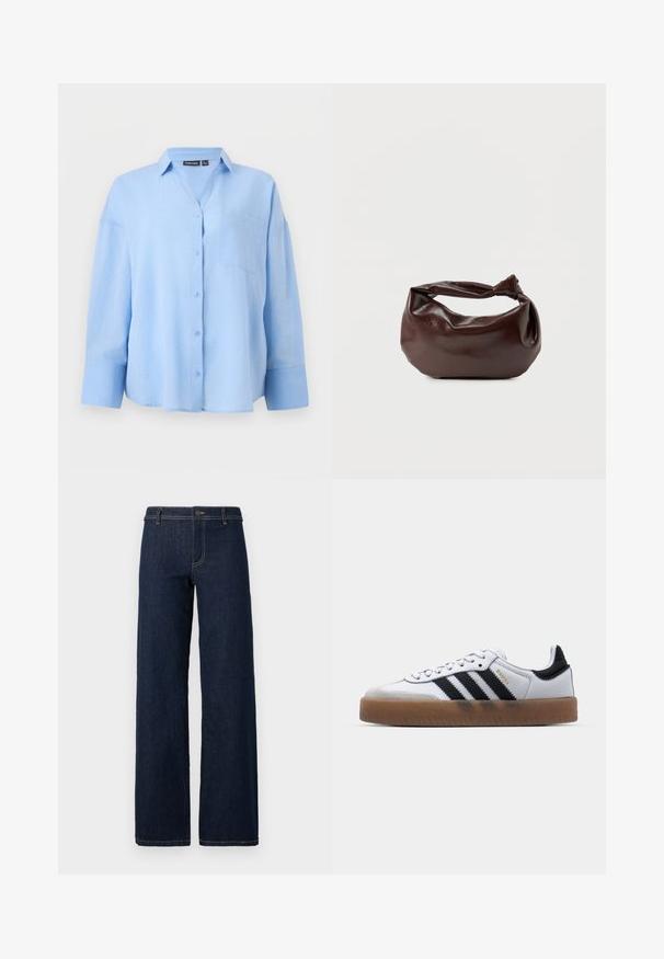 Camisa de manga larga azul claro con botones, cuello y bolsillo en el pecho, mostrada sobre un fondo liso y claro.; Jeans de pernera ancha de lavado oscuro con un diseño clásico de cinco bolsillos, hechos de denim, con costuras doradas y un cierre de botón en la cintura.; Zapatillas de cuero blancas con rayas negras, suela de goma, puntera redonda, cierre de cordones y caperuza de ante gris suave.; Bolso de hombro de cuero marrón oscuro con una forma suave y caída, y un asa con nudo torcido sobre un fondo blanco liso.