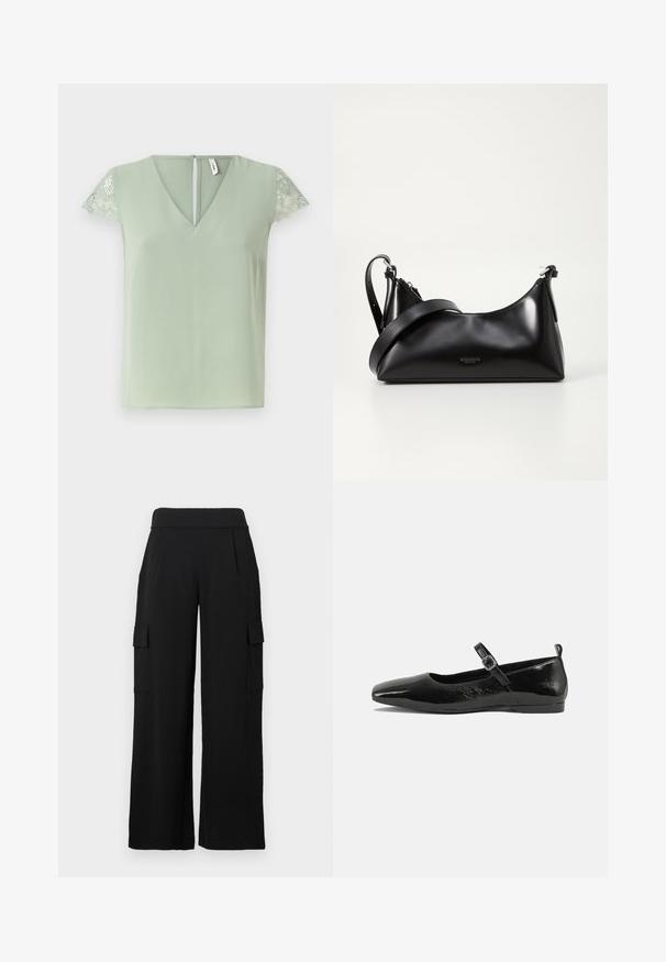 Lichtgroene blouse met V-hals en korte kanten mouwen, voorzien van een kleine opening aan de achterkant en een gladde stoftextuur.; Zwarte cargobroek met een wide-leg design, gemaakt van een glad, rekbaar materiaal. Voorzien van twee zijzakken met kleppen en een hoge tailleband.; Zwarte patenten leren ballerina met een spitse neus, een enkelbandje met een gesp en een gladde, glanzende textuur. Lage hak voor comfort.; Zwarte leren handtas met een gladde textuur. Beschikt over een verstelbare schouderband en een strak, minimalistisch ontwerp met een ritssluiting.