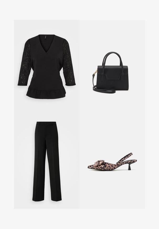 Vero Moda VMALVA PEPLUM - Μπλούζα - black; ONLY Tall ONLPEACH LIFE WIDE - Παντελόνι - black; Υποδήματα με μυτερή μύτη και λουράκι στο πίσω μέρος, σε ύφασμα με λεοπάρ σχέδιο και με φουσκωτό διακοσμητικό, που διαθέτουν χαμηλό μαύρο τακούνι και λείο υφή.; Μαύρη δομημένη τσάντα χειρός από δέρμα, με λαβή στην κορυφή, αποσπώμενο ιμάντα ώμου και μπροστινή πλάκα. Χρυσά μεταλλικά αξεσουάρ.