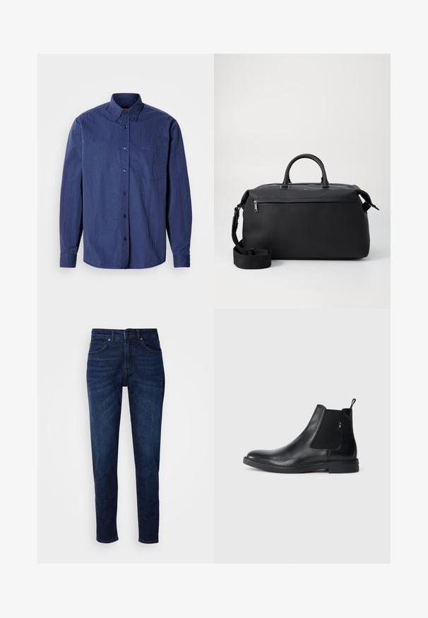 Dunkelblaues Hemd mit Knopfleiste, spitzem Kragen, langen Ärmeln, einer Brusttasche und dezentem Logo-Stickerei. Glatter, leichter Stoff.; Dunkelblaue Jeans aus Denim mit geradem Bein, ausgestattet mit Taschen und einem Knopfverschluss an der Taille. Weiche Textur, minimale Ausbleichungen.; Schwarze Leder Chelsea-Boots mit elastischen seitlichen Einsätzen, einer Zugschlaufe und einer flachen Gummisohle. Glatte Textur mit minimaler Ausgestaltung.; Schwarze Leder-Reisetasche mit zwei Oberhandgriffen, einem abnehmbaren Schultergurt und einer Reißverschlusstasche auf der Vorderseite für zusätzlichen Stauraum.