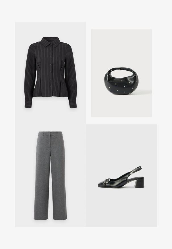 Blusa negra de manga larga con finas rayas verticales blancas, cierre frontal con botones, cuello puntiagudo y pliegues ajustados en la cintura.; Pantalones grises con un tejido texturizado y tejido. Diseño de pierna ancha, parte frontal plana y sin hardware o acentos visibles. Adecuado para vestir de forma formal.; Tacón slingback de cuero negro con punta afilada, correa texturizada con acentos metálicos circulares y tacón cuadrado apilado.; Bolso de mano de cuero negro con forma redondeada, decorado con detalles de tachuelas plateadas y un asa corta. Textura lisa y cierre con cremallera.