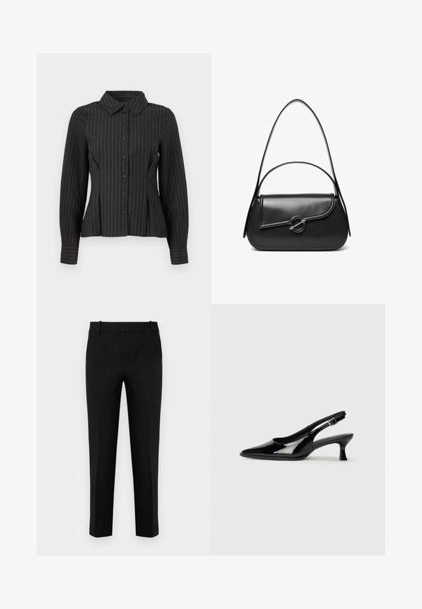 Blusa negra de manga larga con finas rayas verticales blancas, cierre frontal con botones, cuello puntiagudo y pliegues ajustados en la cintura.; Pantalones negros de corte ajustado, con un frente plano, bolsillos laterales y una textura suave. Diseñados con una cintura de altura media y perneras estrechas.; Zapatos de charol negro tipo slingback con punta afilada y tacón bajo. Correa ajustable con hebilla en el tobillo.; Bolso de hombro de cuero negro con una solapa curva asegurada por un broche metálico redondo y una correa delgada y ajustable.