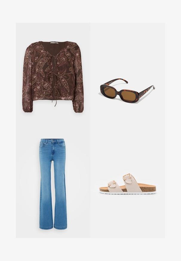 Blouse marron à motif avec des manches longues élastiques, encolure en V et détail de nœud à l'avant. Présente des motifs floraux et paisley dans des couleurs douces.; Jean flare en denim bleu clair avec taille haute, fermeture éclair et conception à cinq poches. Le tissu a une texture lisse et des variations de délavage subtiles.; Sandales à glissière beige avec deux sangles réglables et boucles en ton doré. Semelle en liège avec une semelle extérieure en caoutchouc blanc texturé.; Lunettes de soleil en écaille de tortue avec une forme rectangulaire, verres marron, monture en plastique lisse et branches fines avec des motifs tonals subtils.
