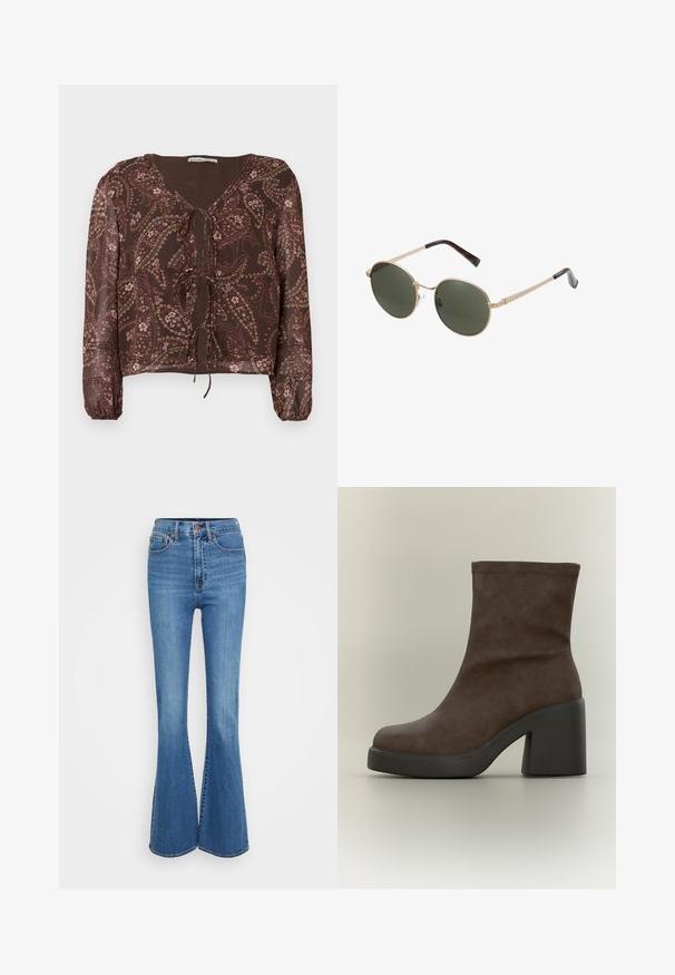Blouse marron à motif avec des manches longues élastiques, encolure en V et détail de nœud à l'avant. Présente des motifs floraux et paisley dans des couleurs douces.; Jeans en denim bleu évasés avec une taille haute, dotés de poches cousues, d'un bouton en métal et d'une texture lisse. Design classique à cinq poches.; Bottine en daim marron avec une semelle plateforme noire épaisse et un talon haut massif sur fond neutre.; Lunettes de soleil rondes avec des montures en métal doré et des verres vert foncé. Les branches présentent un design écaille de tortue pour un détail supplémentaire.