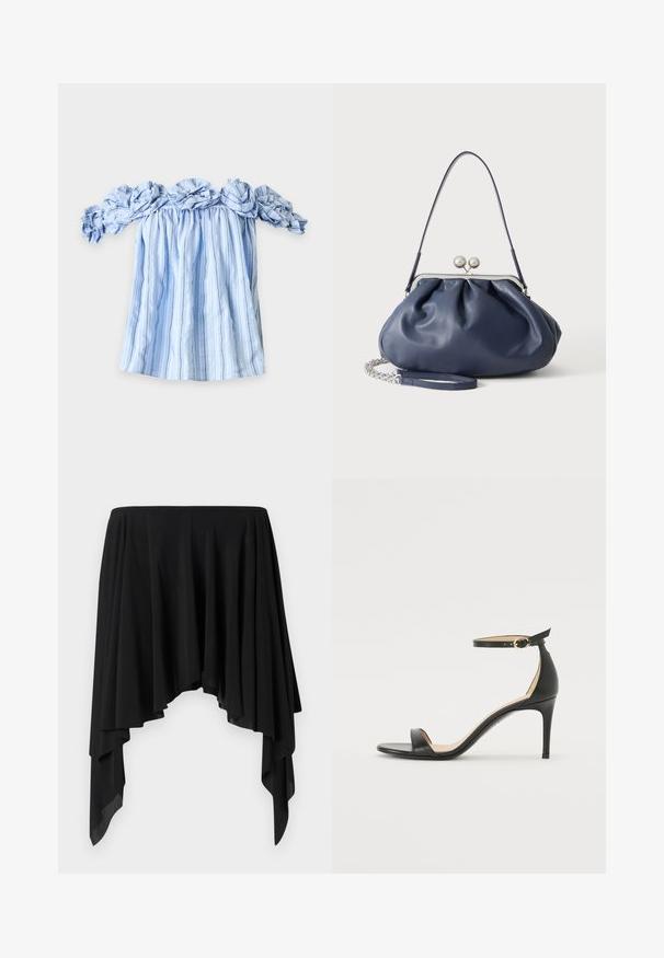 Blå og hvide lodrette stribede off-shoulder bluse med flæset halsudskæring og ærmer lagt fladt på en hvid baggrund.; Sort asymmetrisk nederdel lavet af blødt stof, der har draperede lag og et bredt livbånd, hvilket skaber en flydende silhuet.; Sort læder højhælede sandaler med ankelrem. Har en glat tekstur, åben tå og en tynd hæl. Guldtonet spænde detalje.; Blød navyblå læderhåndtaske med sølv lukning, enkelt skulderrem og aftagelig kæde til håndleddet på hvid baggrund.
